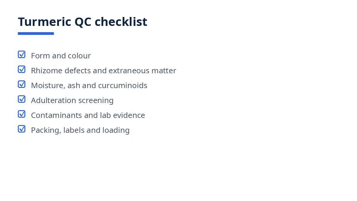 Diagram of the turmeric QC checklist in six blocks, from form and colour to packing and labels