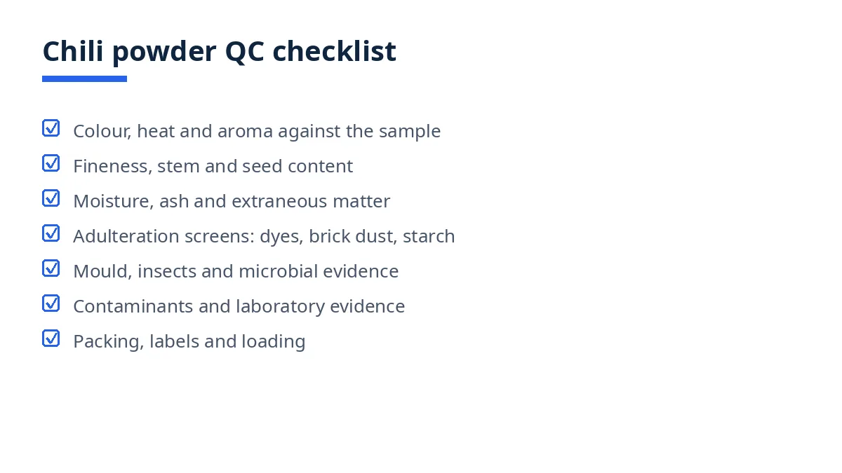 Diagram of the chili powder QC checklist in seven blocks, from colour and heat to packing and labels
