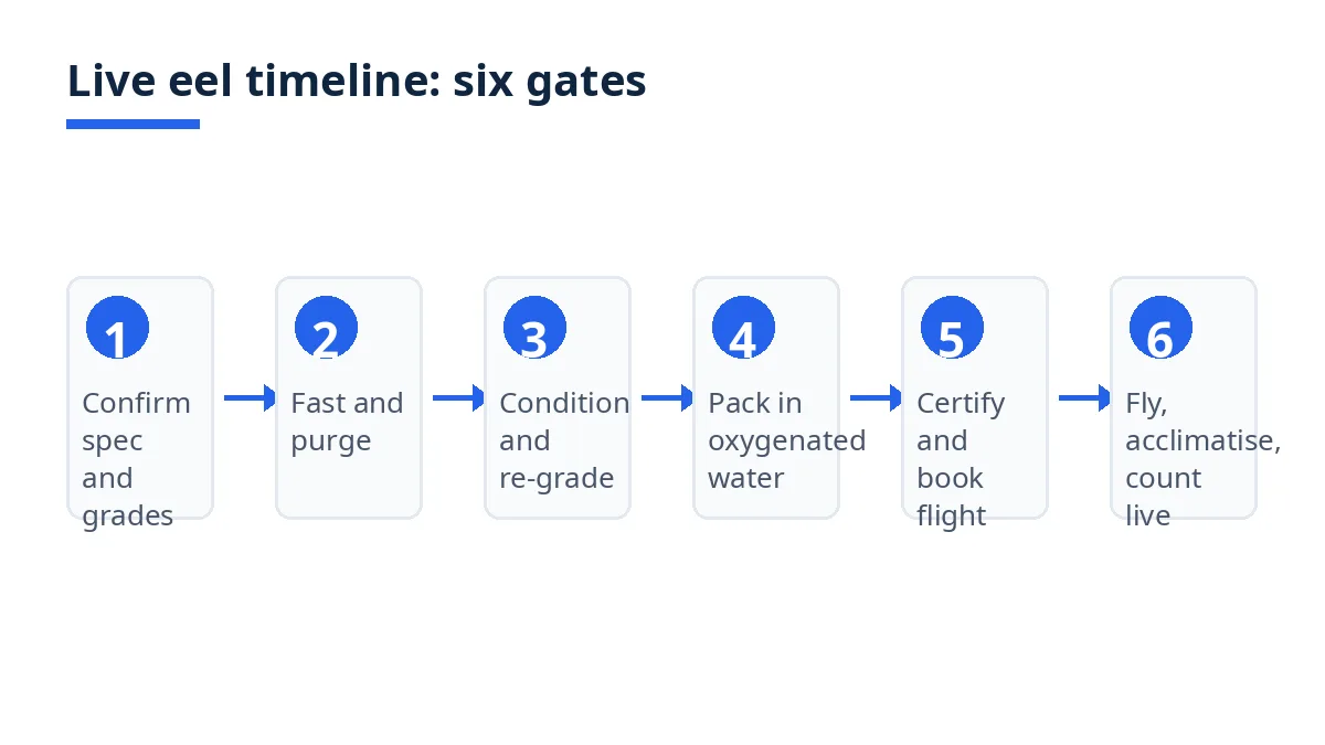 Diagram: six live-eel timeline steps, from specification to live count on arrival