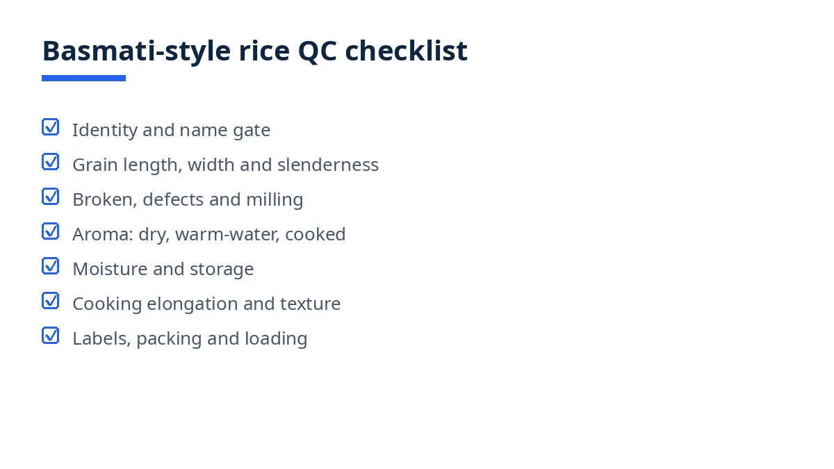 Diagram of the basmati-style rice QC checklist in seven passes, from identity to packing