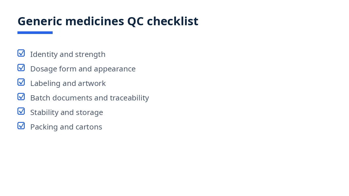 Diagram of the generic medicines QC checklist with six blocks, from identity to packing