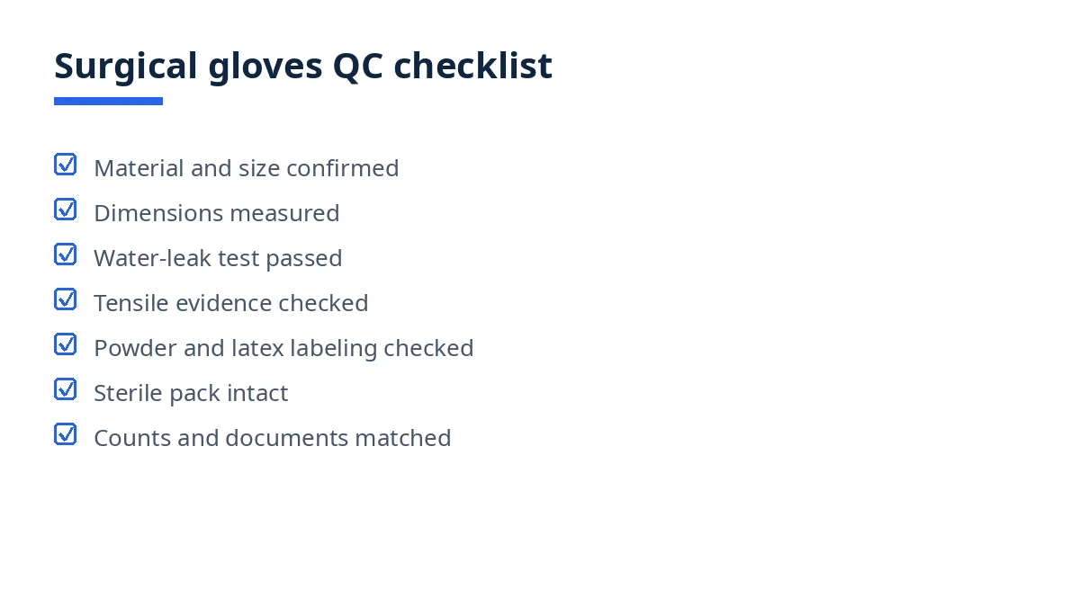 Diagram of the surgical gloves QC checklist, from material and size to counts and documents
