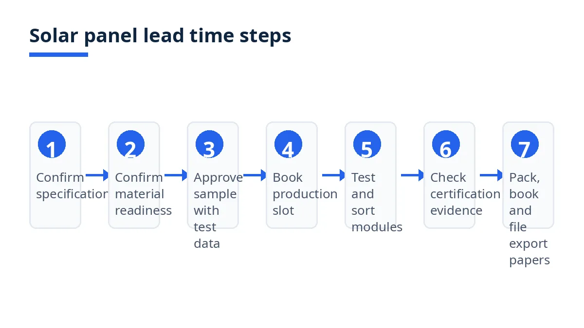Diagram: seven steps for solar panel lead time, from specification to packing and shipping