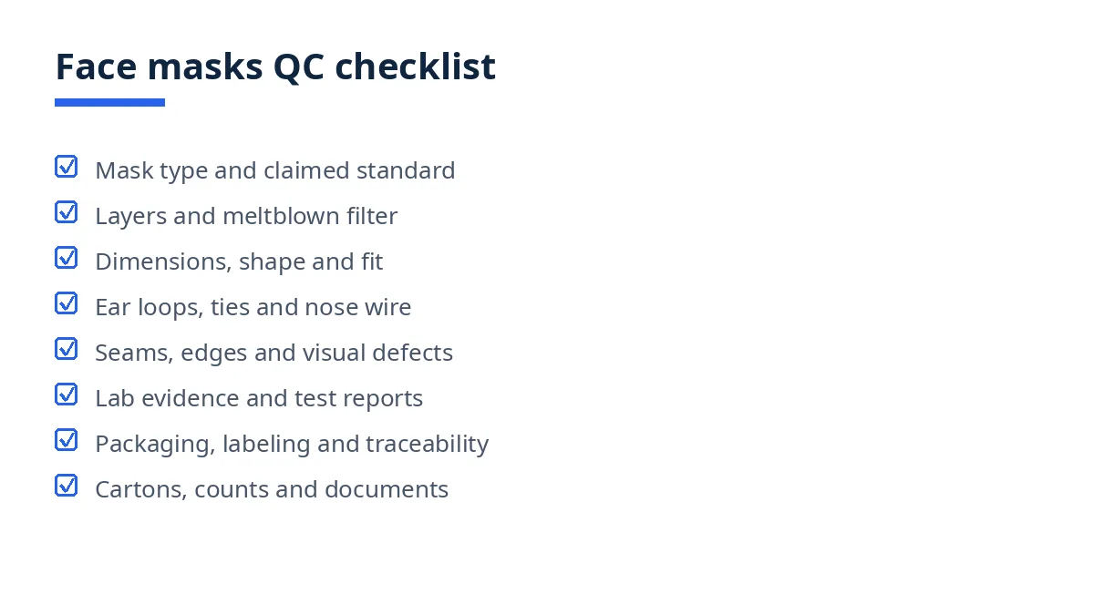 Diagram of the face masks QC checklist, from mask type to cartons and documents