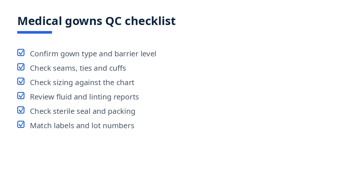 Diagram of the medical gowns QC checklist: barrier level, seams, sizing, reports, sterile packing, labels