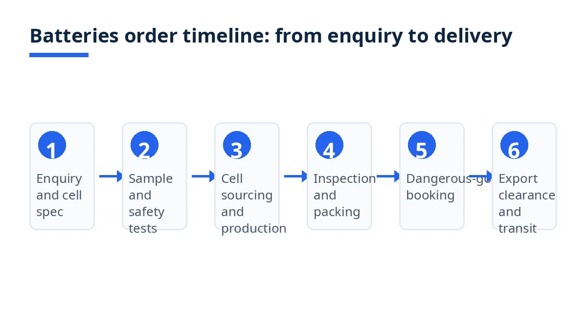 Diagram: six batteries order timeline steps, from enquiry to delivery