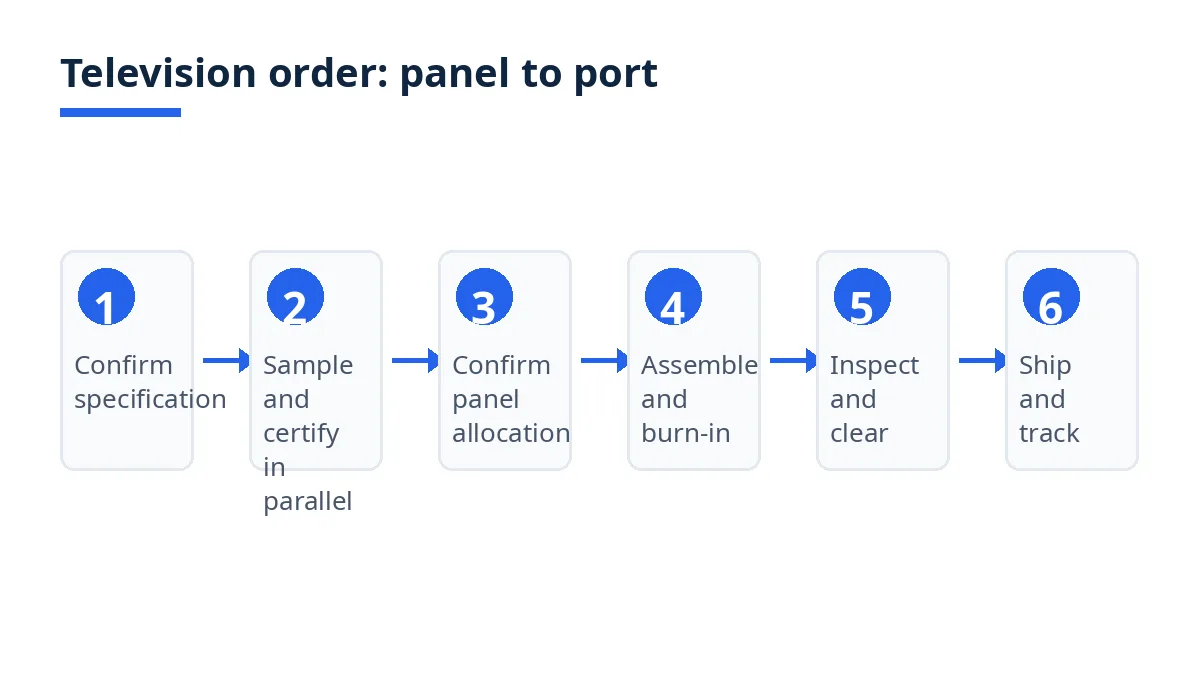 Diagram: six stages of a television order, from specification to delivery