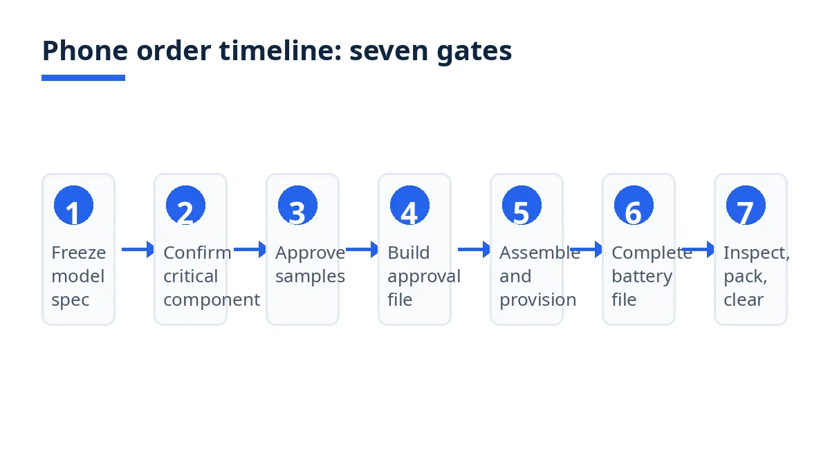 Diagram: seven gates in a mobile phone order, from model specification to export clearance