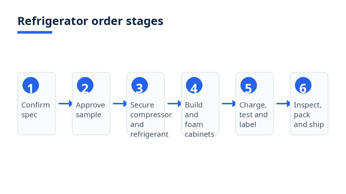 Diagram: six stages of a refrigerator order from Bangladesh, from spec approval to inspection and shipping