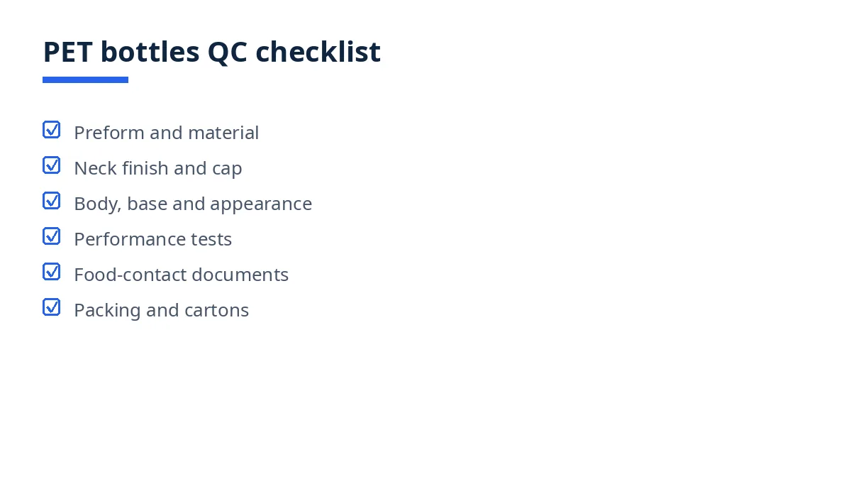 Diagram of the PET bottles QC checklist with six blocks, from preform to packing