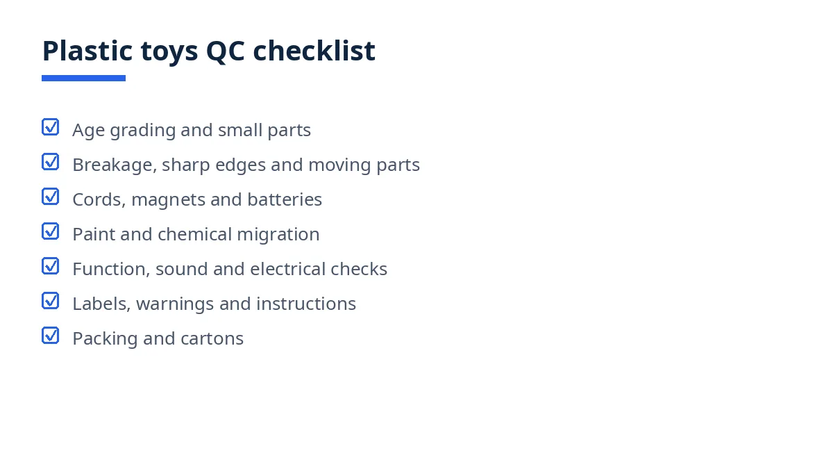 Diagram of the plastic toys QC checklist with seven blocks, from age grading to packing