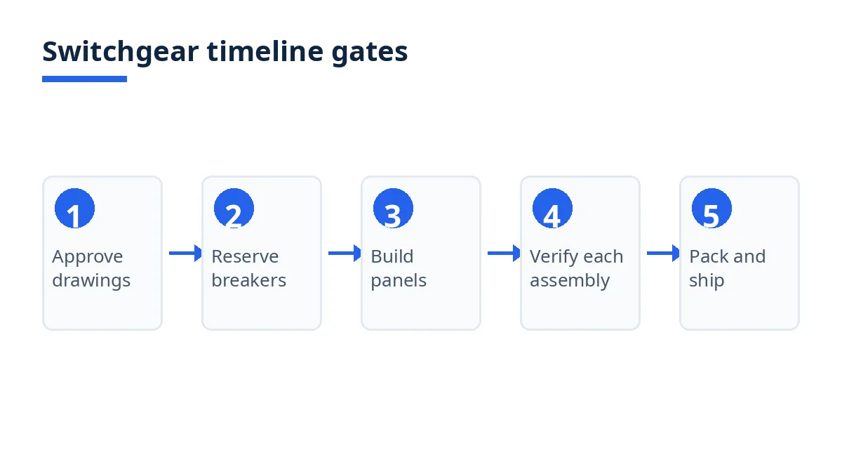Diagram: five switchgear timeline gates, from drawing approval to packing and shipping