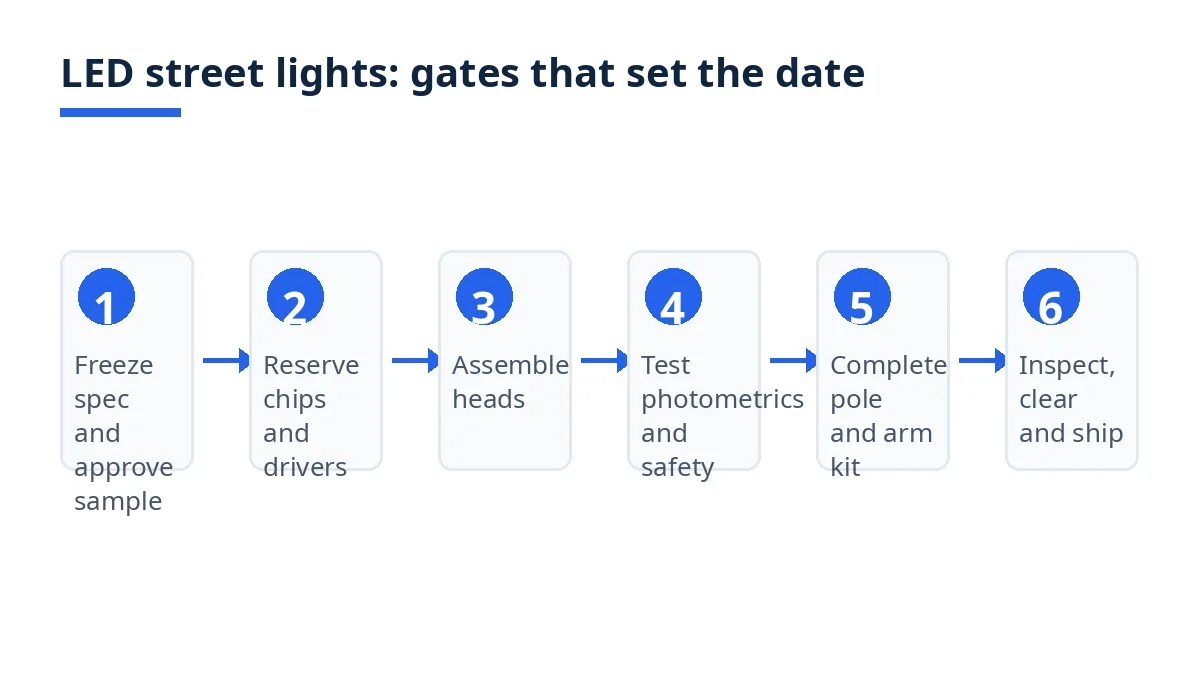 Diagram: six gates for LED street lights lead time, from spec freeze to inspection, clearance and shipping