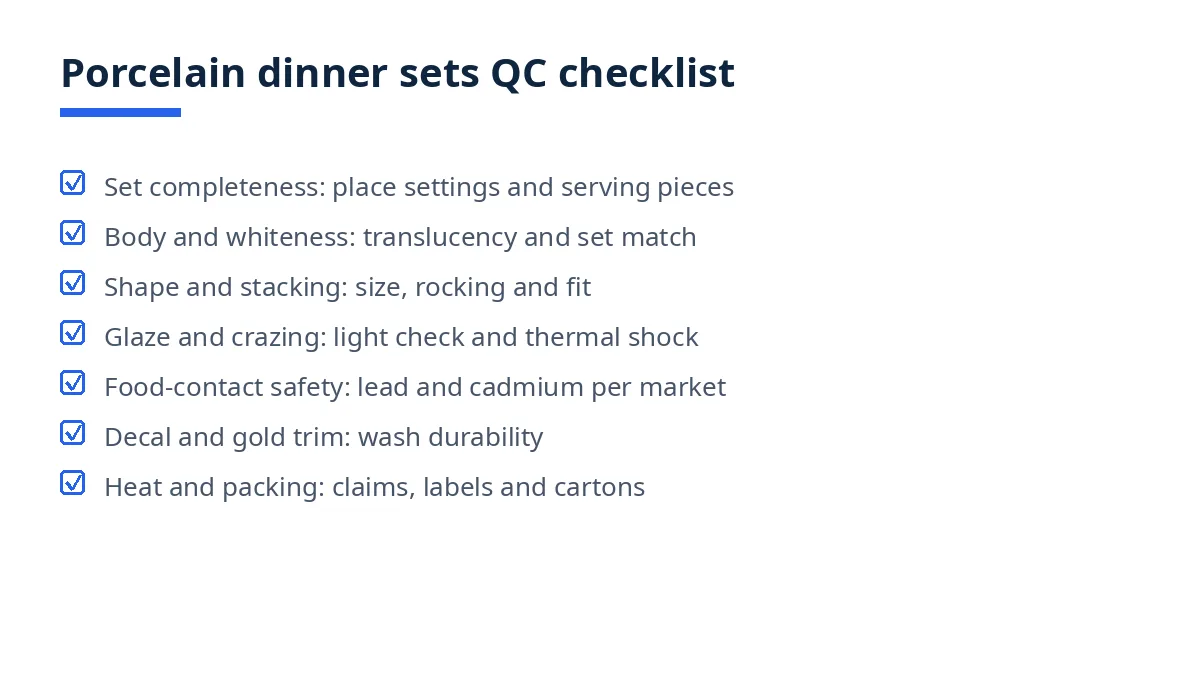 Diagram of the porcelain dinner sets QC checklist: set completeness, whiteness, glaze, food safety and packing