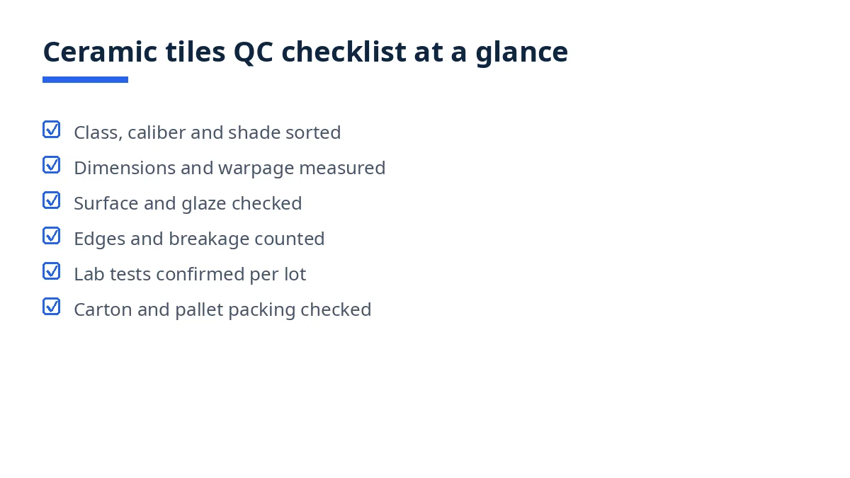 Diagram of the ceramic tiles QC checklist with six blocks, from identity and shade to carton and pallet packing