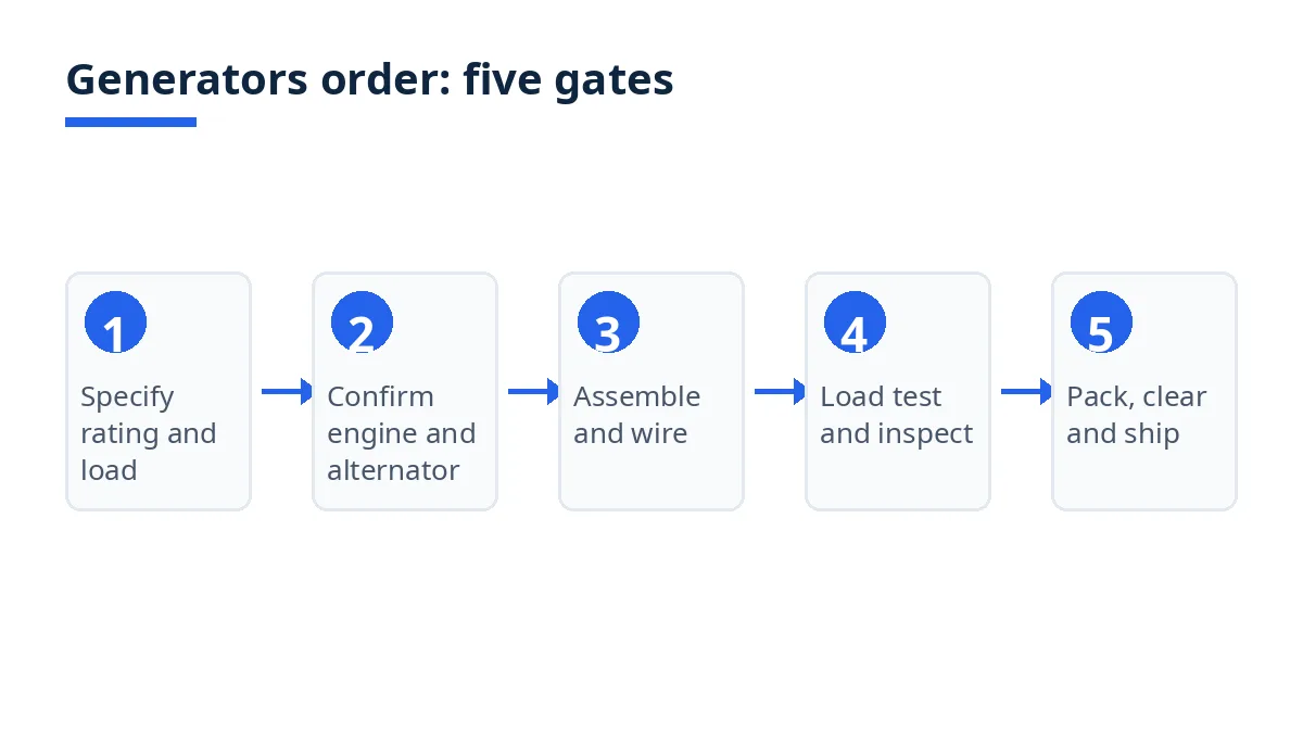 Diagram: five stages of a generators order, from specification to shipping.