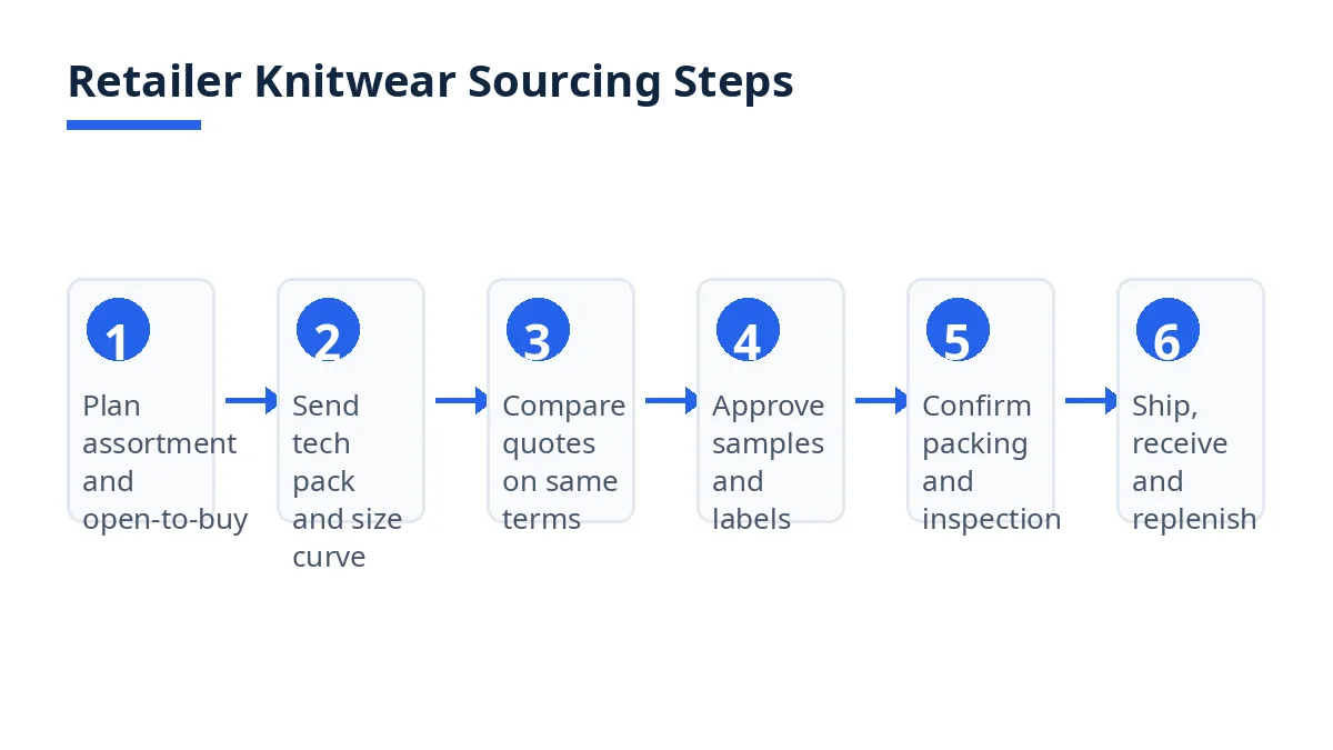 Diagram: six retailer knitwear sourcing steps, from assortment planning to replenishment