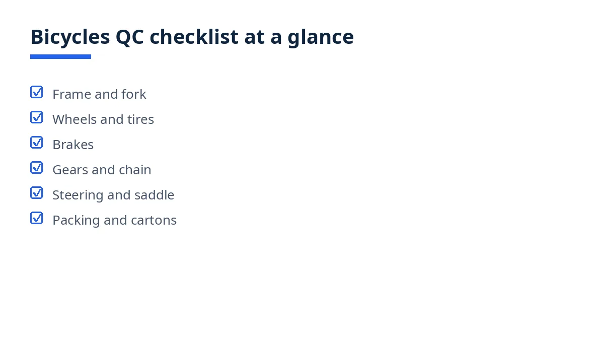 Diagram of the bicycles QC checklist blocks, from frame and fork to packing