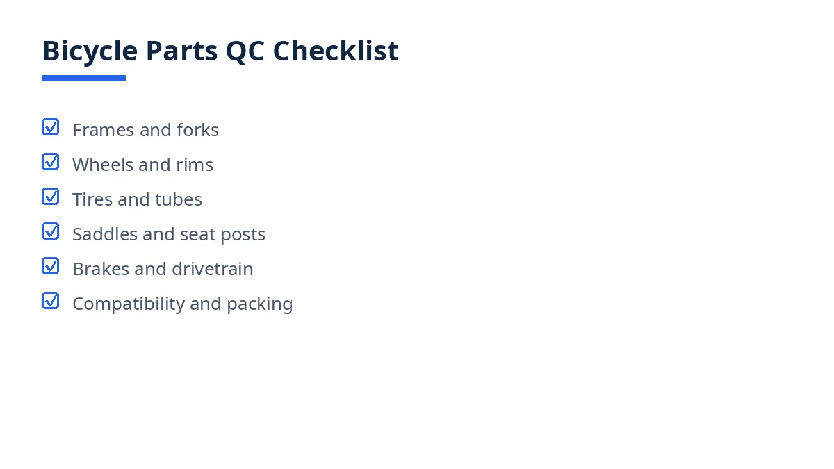 Diagram of the bicycle parts QC checklist, from frames and wheels to compatibility and packing