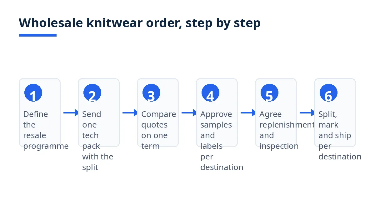 Diagram: six steps for a wholesale knitwear order, from programme to split shipment