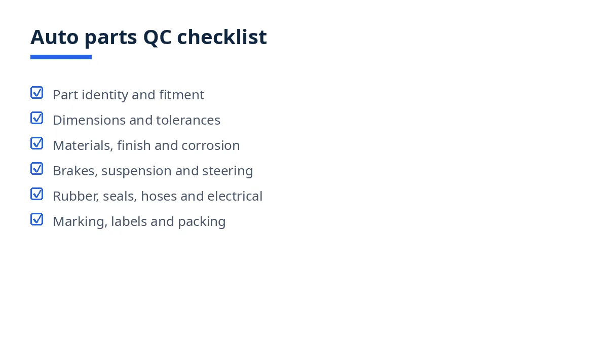 Diagram of the auto parts QC checklist with six blocks, from fitment to packing