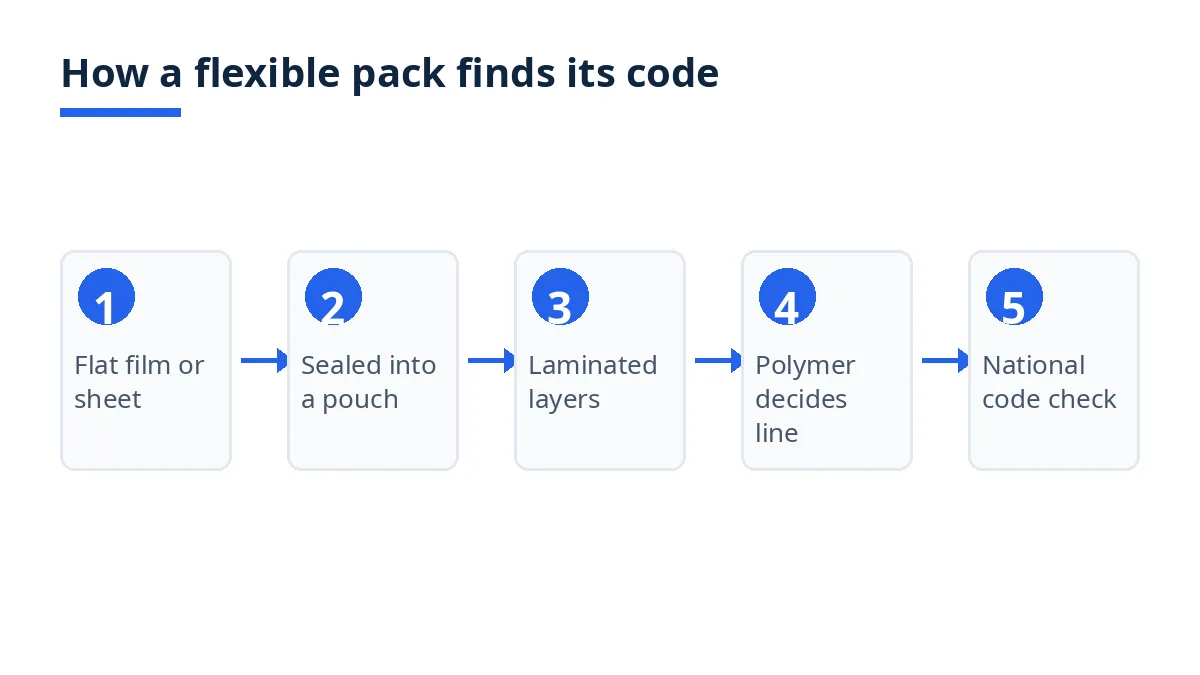 Diagram: how a flexible pack finds its code, from flat film to national code
