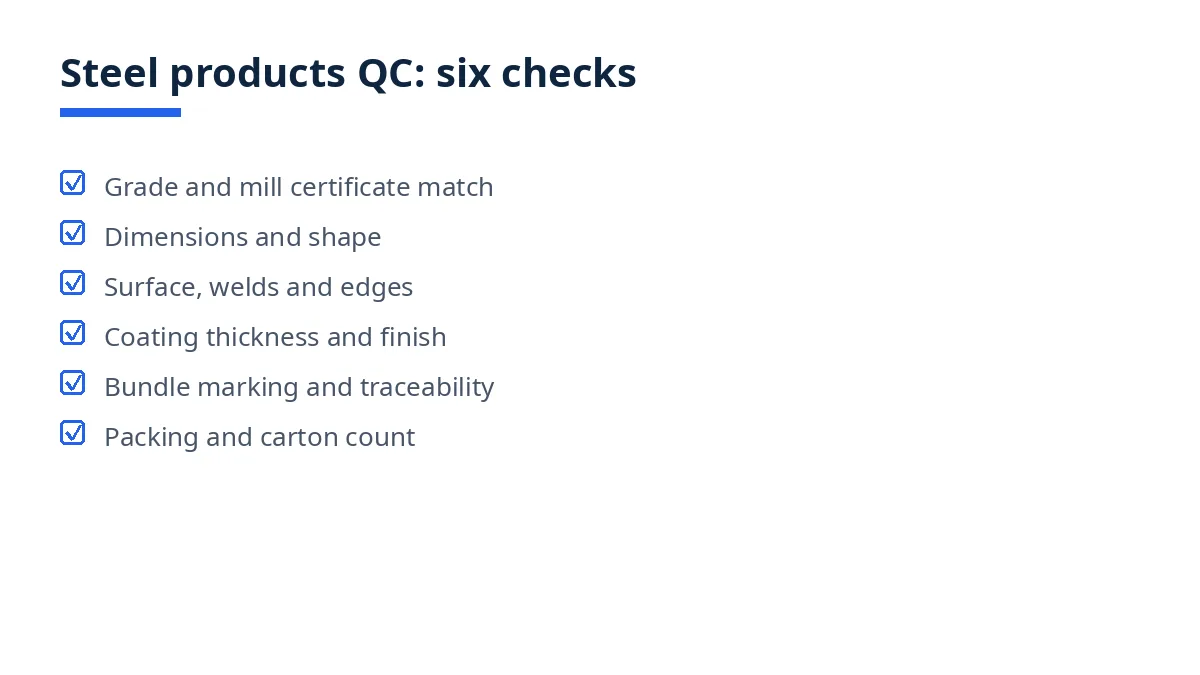 Diagram of the steel products QC checklist with six blocks, from grade to packing