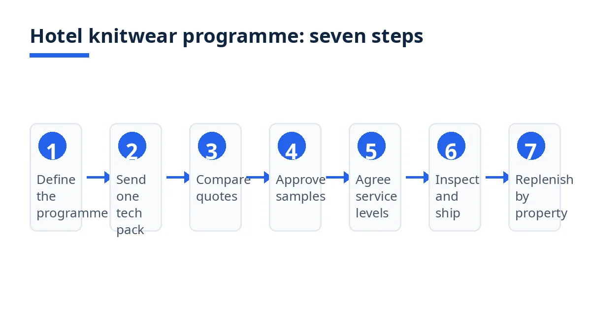 Diagram: seven hotel knitwear programme steps, from programme map to replenishment by property