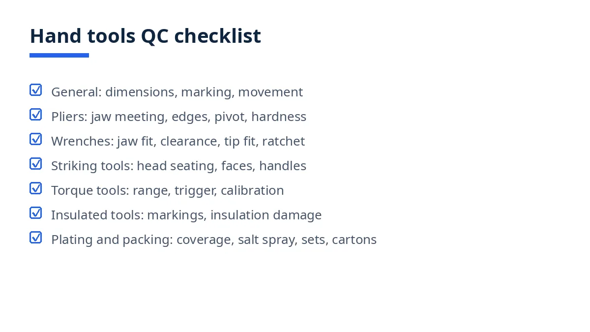 Diagram of the hand tools QC checklist in seven blocks, from pliers to packing
