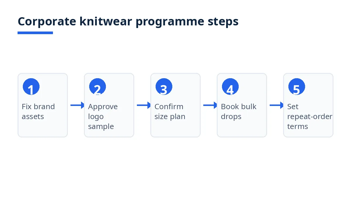 Diagram: five steps for a corporate knitwear programme, from brand assets to repeat orders