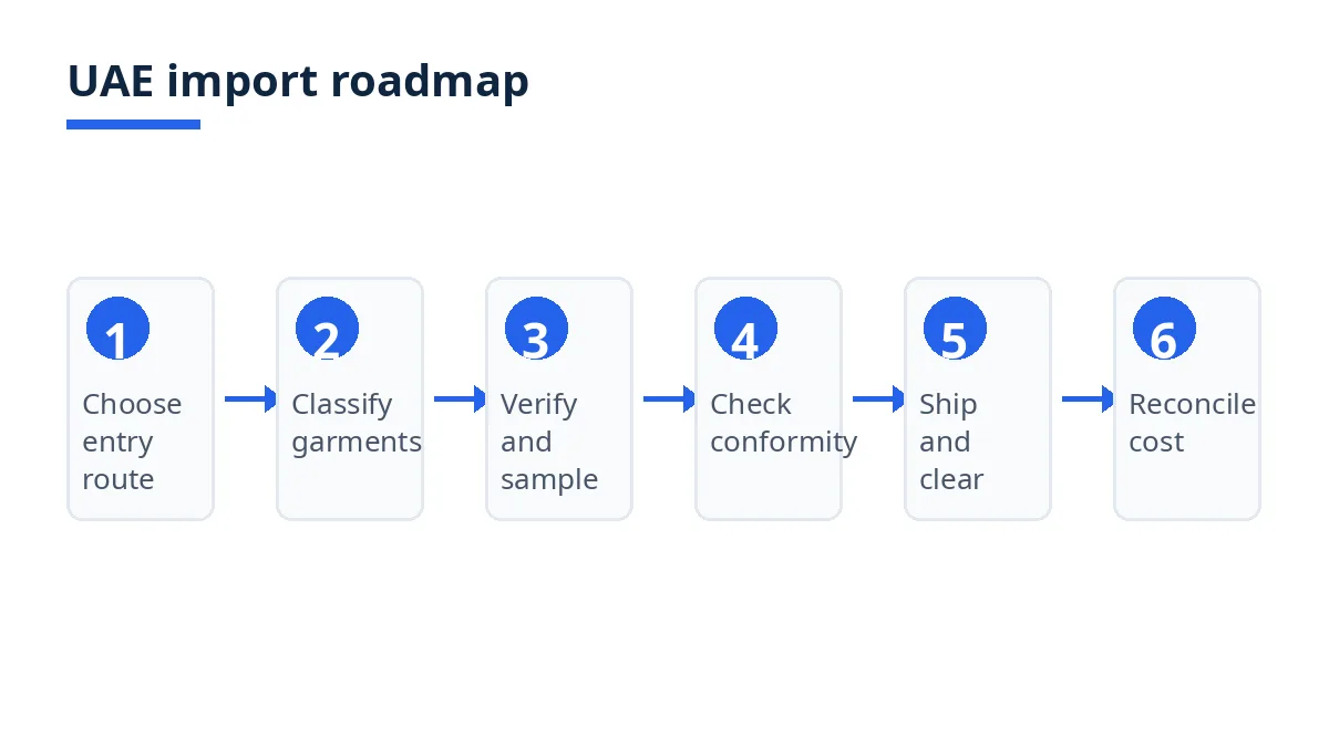 UAE import roadmap diagram with six stages from entry route to reconciled cost
