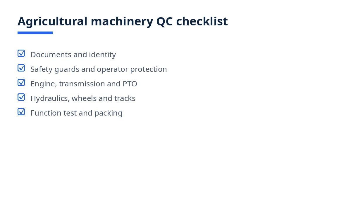 Diagram of the agricultural machinery QC checklist with five blocks, from documents to packing