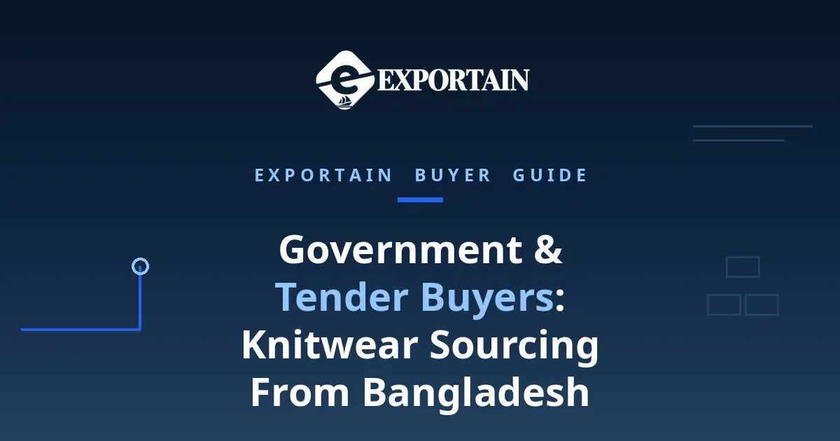 Navy title card: Government and Tender Buyers, knitwear sourcing from Bangladesh