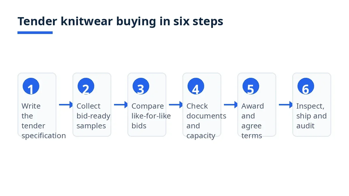 Diagram: six tender knitwear buying steps, from tender specification to inspection and audit
