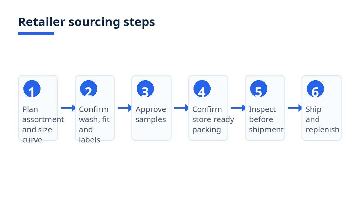 Diagram: six steps for retailers sourcing woven garments and denim from Bangladesh