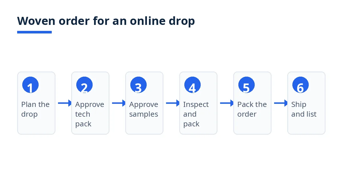 Diagram: six steps for an e-commerce woven order, from drop plan to delivery