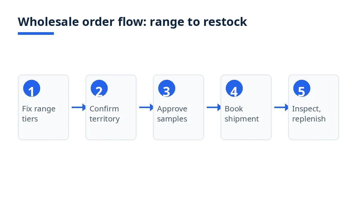 Diagram: wholesale order flow from range planning to restock