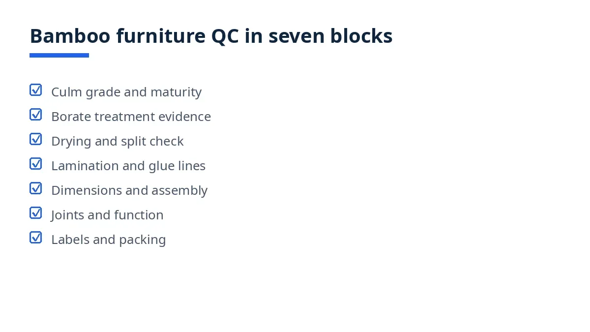 Diagram: seven blocks of the bamboo furniture QC checklist, from culm grading to labels and packing