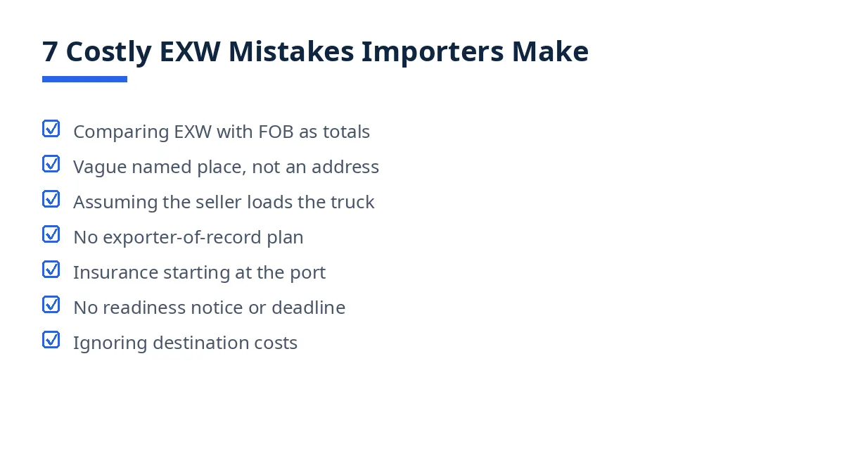 Diagram: 7 costly EXW mistakes importers make, each with a fix