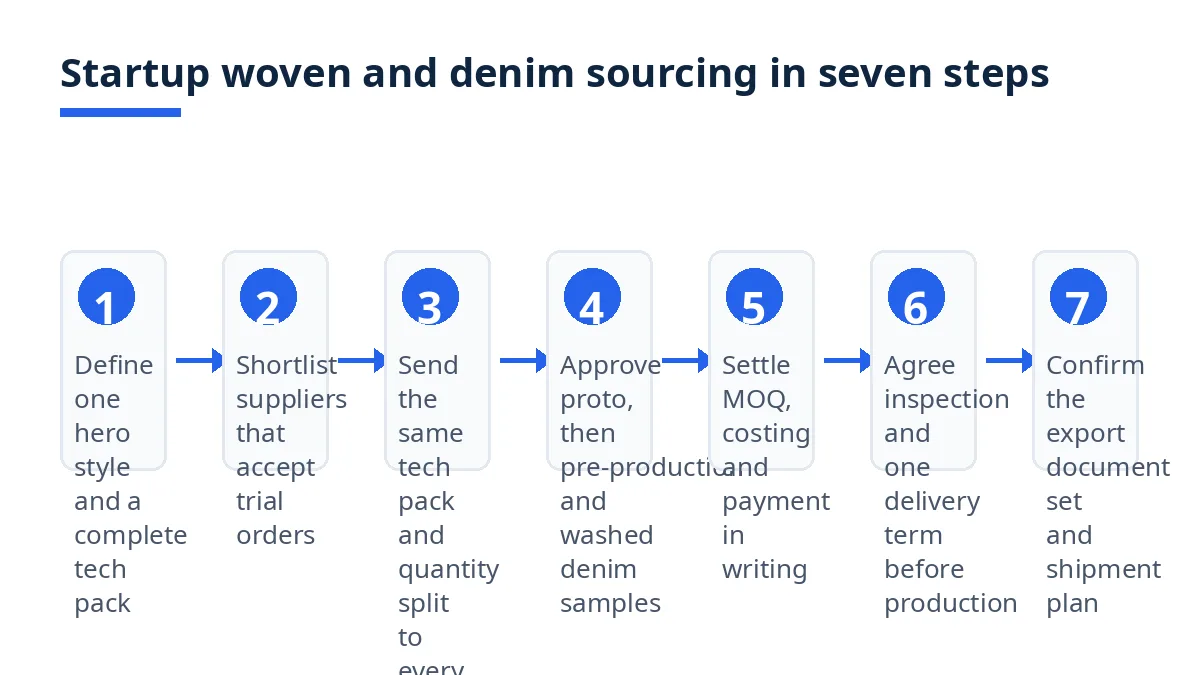 Diagram: seven steps for startup woven and denim sourcing, from hero style to shipment