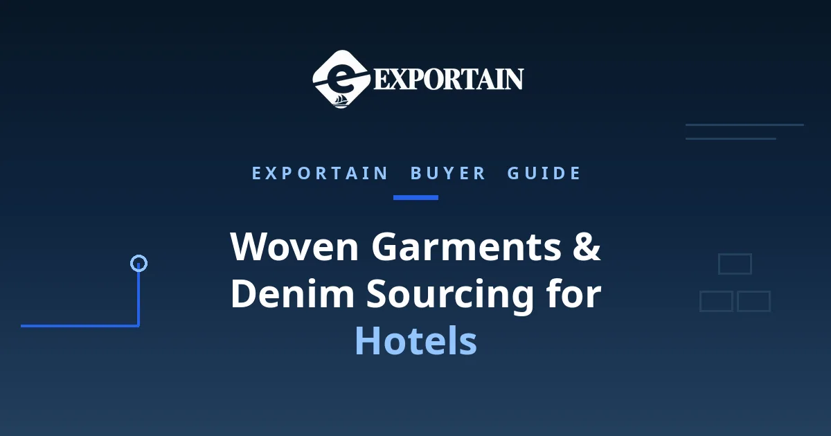 Navy title card: Woven Garments and Denim Sourcing for Hotels, hospitality uniform program guide