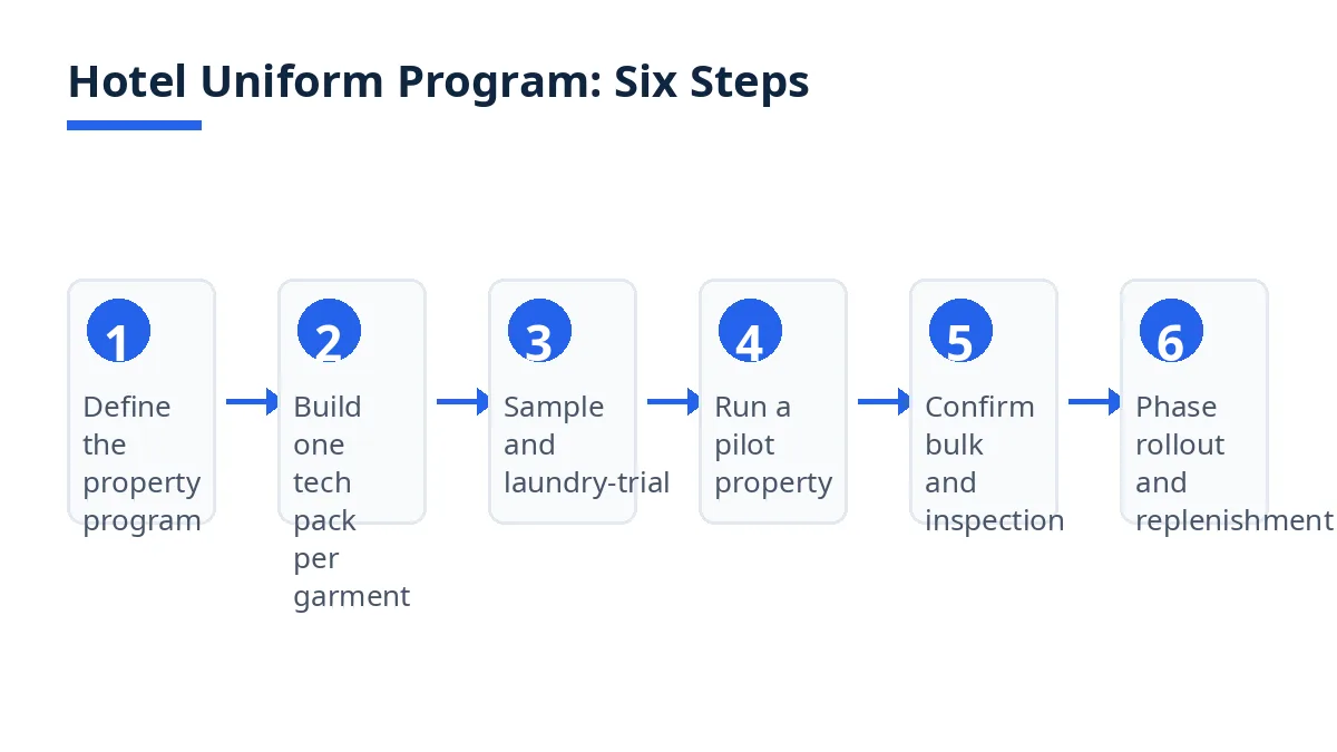 Diagram: six steps for a hotel uniform program, from property program to phased rollout
