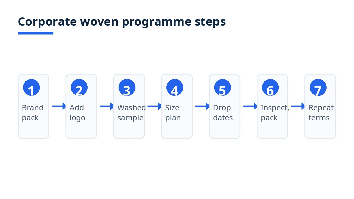 Diagram: seven steps for a corporate woven programme, from brand pack to repeat terms