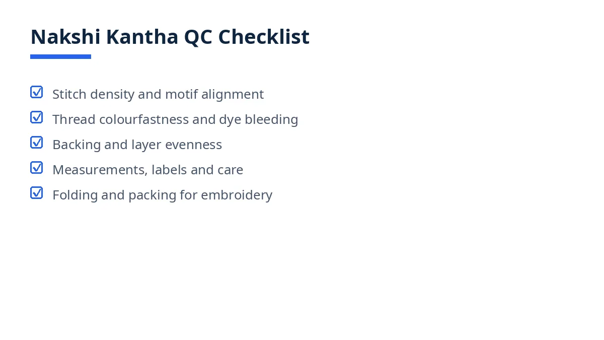 Diagram of the nakshi kantha QC checklist, from stitch checks to packing
