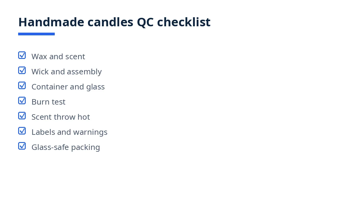 Diagram of the handmade candles QC checklist with seven blocks, from wax to glass-safe packing