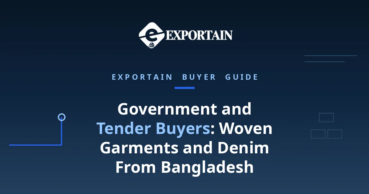 Navy title card: Government and Tender Buyers, woven garments and denim from Bangladesh