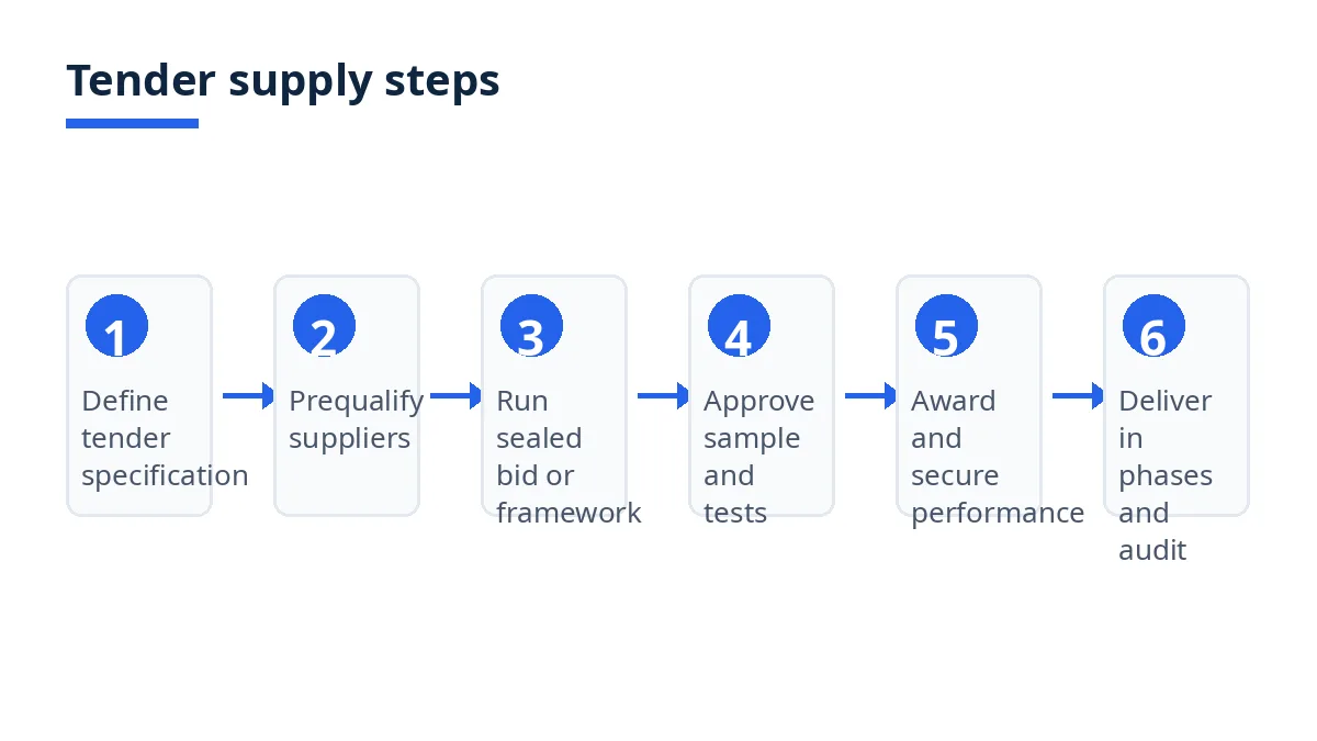Diagram: six tender supply steps, from specification to phased delivery and audit