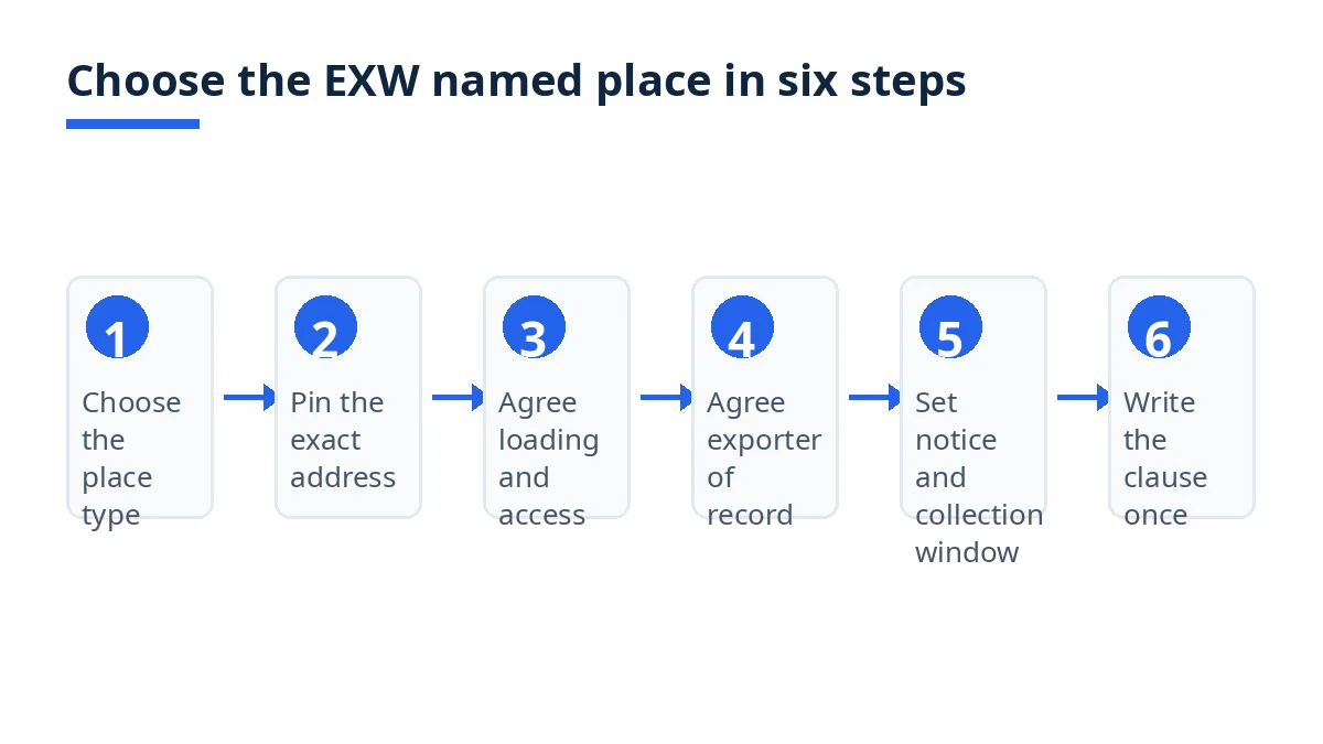 Diagram: six steps to choose the EXW named place, from place type to contract clause