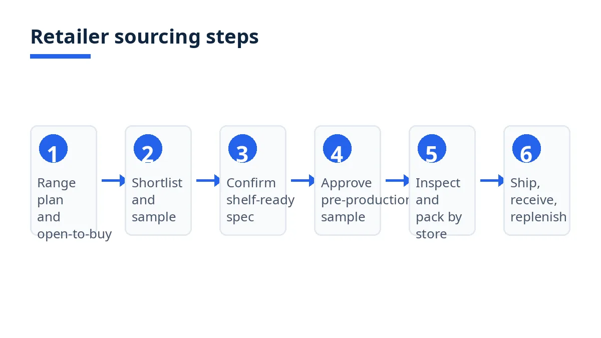 Diagram: six retailer sourcing steps, from range plan to ship, receive and replenish