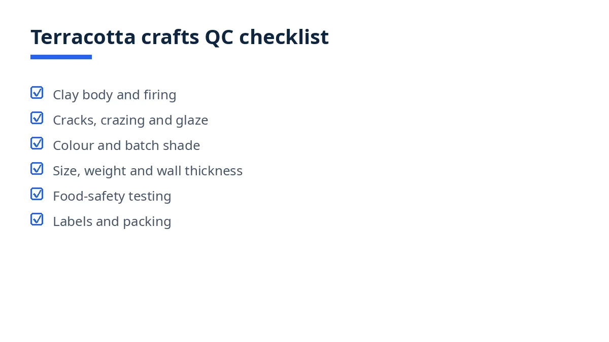 Diagram of the terracotta crafts QC checklist, from clay body to packing